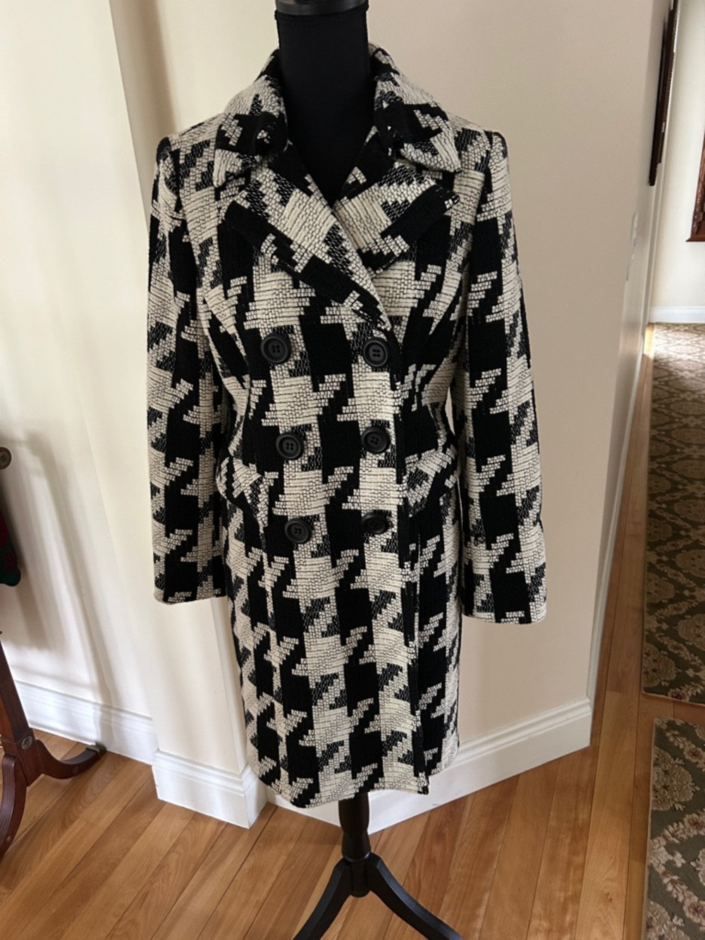 INC International Concepts Black and White Houndstooth Double-Breasted Pea Coat